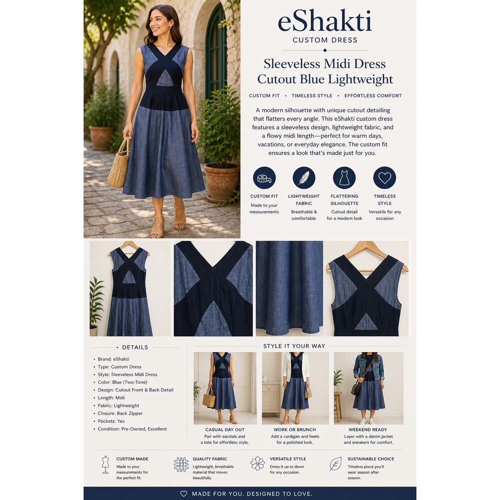 eShakti Custom Dress Sleeveless Midi Cutout Blue Lightweight